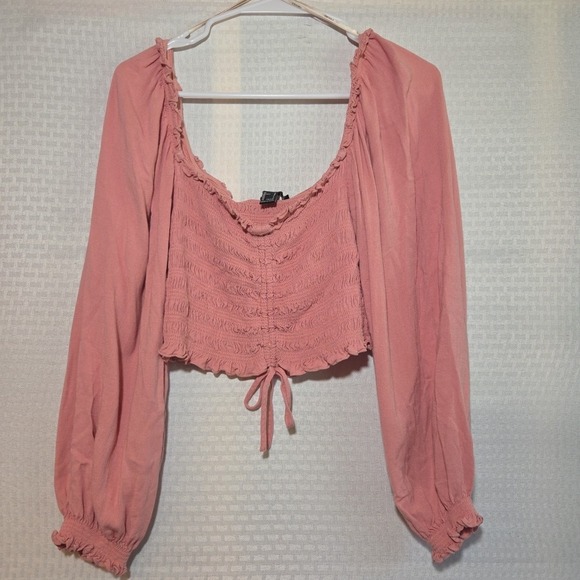 Forever 21 Womens Pink Cropped‎ Blouse L Corset Tie Front Balloon Sleeve Ruched - Picture 2 of 16